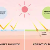 Bilden visar hur fysiskt solskydd reflekterar UV-strålar och kemiskt solskydd absorberar dem. Detta förklarar vad betyder SPF och hur det skyddar huden.