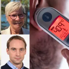 Fyra porträtt av äldre personer och en närbild på en termometer som visar 40.9°C, långt ifrån normal kroppstemperatur.
