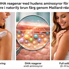 Kvinnor applicerar kräm, en närbild av hudceller med bubblor och en kvinna med solbränd hud. Visar hur man blir brun med dåligt pigment.