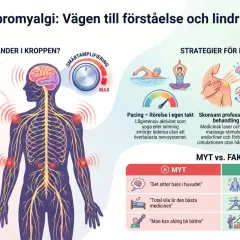 Illustration som visar fibromyalgi symtom, med fokus på central smärtamplifiering och strategier för lindring som rörelse, behandling och kost.