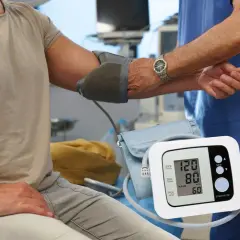 En sjukvårdare mäter blodtryck på en man, 60 år. Digital mätare visar 120/80.