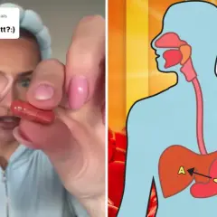 En person håller upp två kapslar, medan en illustration visar hur matsmältningssystemet kan påverkas. Varning: maxosol farligt.