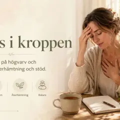 Kvinna med ont i kroppen av stress, håller handen mot bröstet. Texten "Stress i kroppen" och ikoner för sömn, nervsystem, återhämtning och balans.
