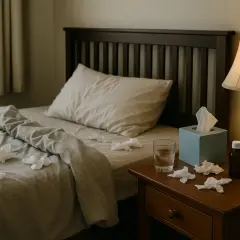 Säng med lakan, kudde, näsdukslåda, glas vatten och medicin. Näsdukar på sängen och nattduksbordet tyder på ytdesinfektion vid magsjuka.