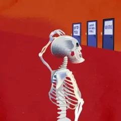 Ett skelett kliar sig i huvudet framför dörrar märkta med olika medicinska specialiteter, vilket symboliserar osäkerhet kring osteoporos behandling biverkningar.