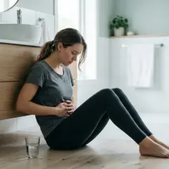 Kvinna med magont i badrummet, kanske ett tidigt tecken på att magsjuka smittar innan det bryter ut.
