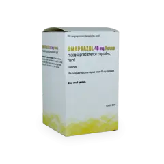 En kartong med Omeprazol 40 mg Focus, magresistenta kapslar. Kan hjälpa mot illamående. För oral användning.