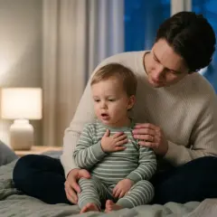 Pappa tröstar sitt barn som har krupp. Barnet sitter i pappas knä på en säng, med handen på bröstet.