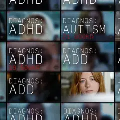 Rutnät med diagnoser som ADHD och autism. En kvinna tittar fram. En del diagnoser har priser kopplade.