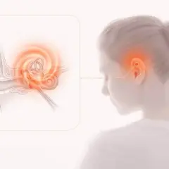 Illustration av ett öra med en detaljerad vy av innerörat som visar en röd glöd, vilket indikerar yrsel av stress.