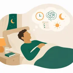 En person ligger i sängen, tankar om tid, kaos och dygnsrytm syns i en tankebubbla, vilket kan illustrera **adhd symtom**.