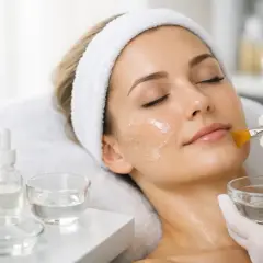 En kvinna får en ansiktsbehandling med derma peeling. En kosmetolog applicerar en gel med en pensel.