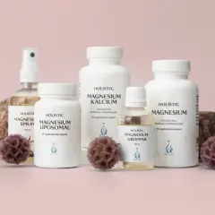 Holistisk medicin: flaskor med magnesiumprodukter, spray, kapslar och droppar, omgivna av stenar och torkade blommor.