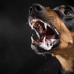 En hund med skummande mun och blottade tänder, ett potentiellt tecken på rabies symtom.