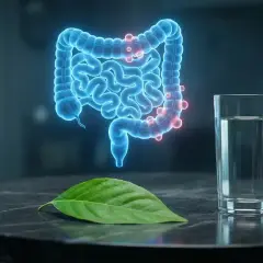 Blå neon-tarmar med röda prickar som visar inflammerade tarmfickor. Bredvid står ett glas vatten och ett grönt blad.