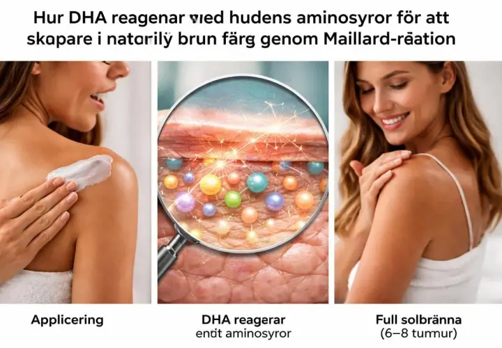 Kvinnor applicerar kräm, en närbild av hudceller med bubblor och en kvinna med solbränd hud. Visar hur man blir brun med dåligt pigment.