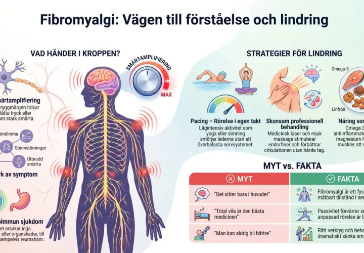 Illustration som visar fibromyalgi symtom, med fokus på central smärtamplifiering och strategier för lindring som rörelse, behandling och kost.