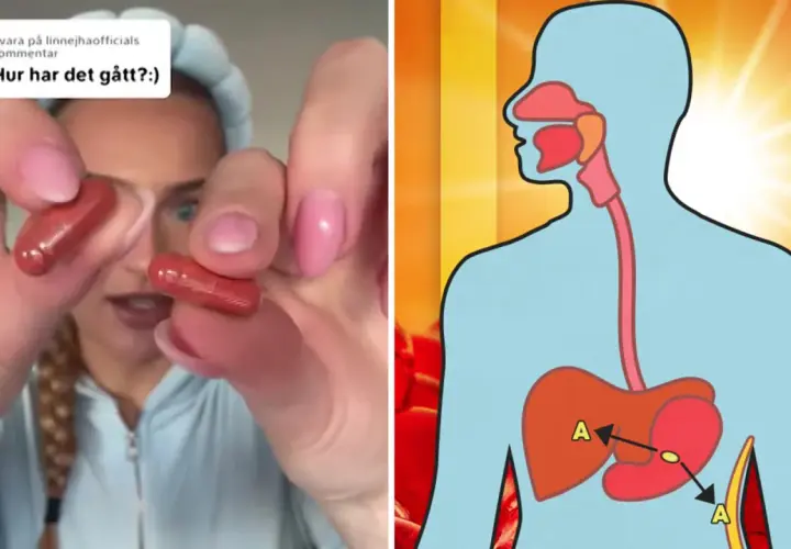 En person håller upp två kapslar, medan en illustration visar hur matsmältningssystemet kan påverkas. Varning: maxosol farligt.