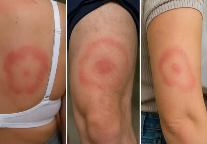 Tre olika hudutslag som kan indikera borrelia. Tidig behandling är viktig för att undvika komplikationer.