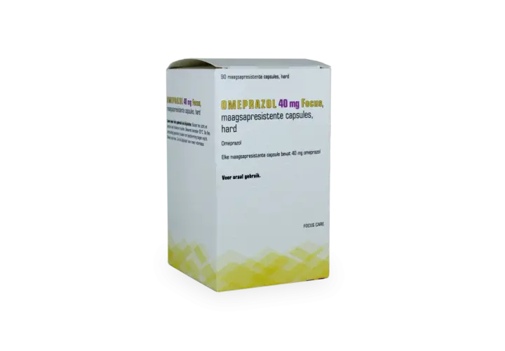 En kartong med Omeprazol 40 mg Focus, magresistenta kapslar. Kan hjälpa mot illamående. För oral användning.