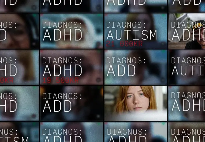 Rutnät med diagnoser som ADHD och autism. En kvinna tittar fram. En del diagnoser har priser kopplade.