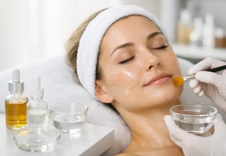 En kvinna får en ansiktsbehandling med derma peeling. En kosmetolog applicerar en gel med en pensel.