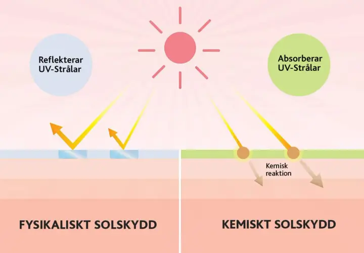 Bilden visar hur fysiskt solskydd reflekterar UV-strålar och kemiskt solskydd absorberar dem. Detta förklarar vad betyder SPF och hur det skyddar huden.
