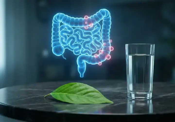 Blå neon-tarmar med röda prickar som visar inflammerade tarmfickor. Bredvid står ett glas vatten och ett grönt blad.