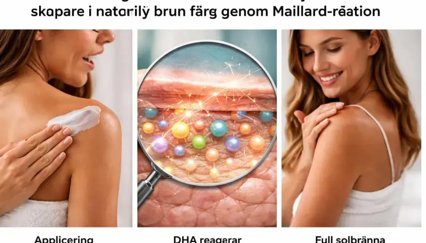 Kvinnor applicerar kräm, en närbild av hudceller med bubblor och en kvinna med solbränd hud. Visar hur man blir brun med dåligt pigment.