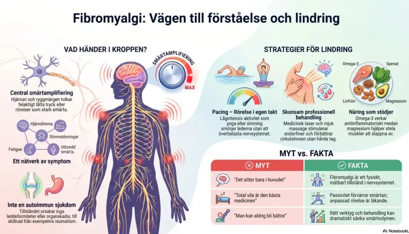 Illustration som visar fibromyalgi symtom, med fokus på central smärtamplifiering och strategier för lindring som rörelse, behandling och kost.