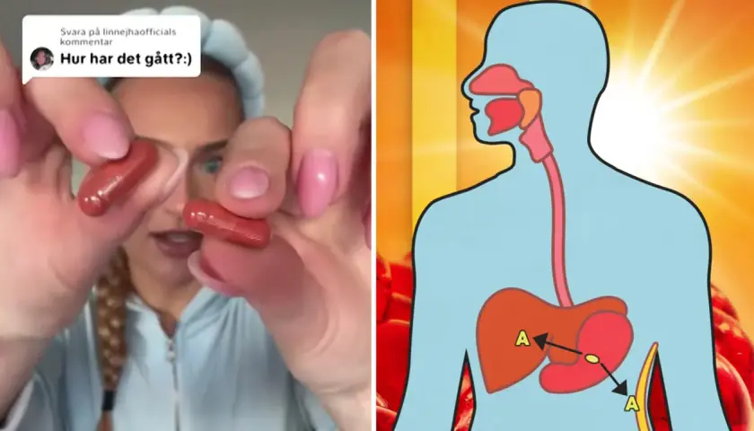 En person håller upp två kapslar, medan en illustration visar hur matsmältningssystemet kan påverkas. Varning: maxosol farligt.