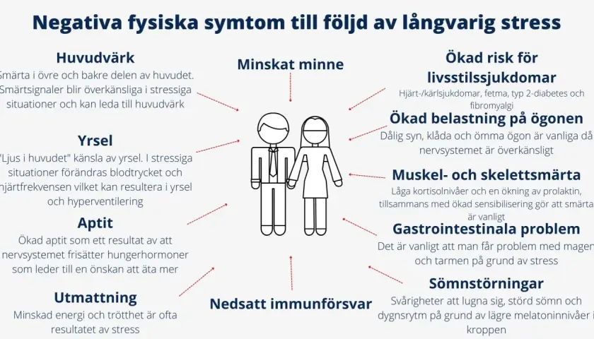 Negativa fysiska symtom vid stress: huvudvärk, yrsel, aptitförändringar, utmattning, minnesproblem, ögonbesvär, smärta, magproblem, sömnstörningar och nedsatt immunförsvar.