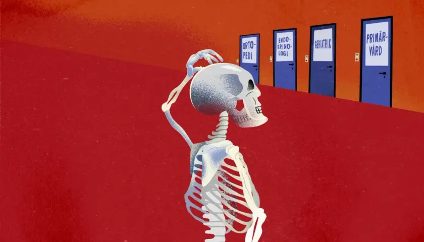 Ett skelett kliar sig i huvudet framför dörrar märkta med olika medicinska specialiteter, vilket symboliserar osäkerhet kring osteoporos behandling biverkningar.