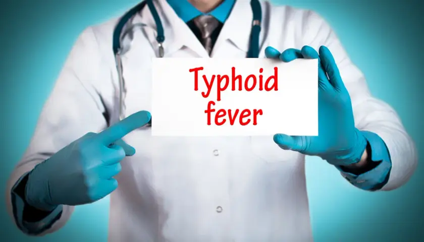 Läkare med blå handskar håller upp en skylt med texten "Typhoid fever". Snabb tyfus behandling är avgörande.