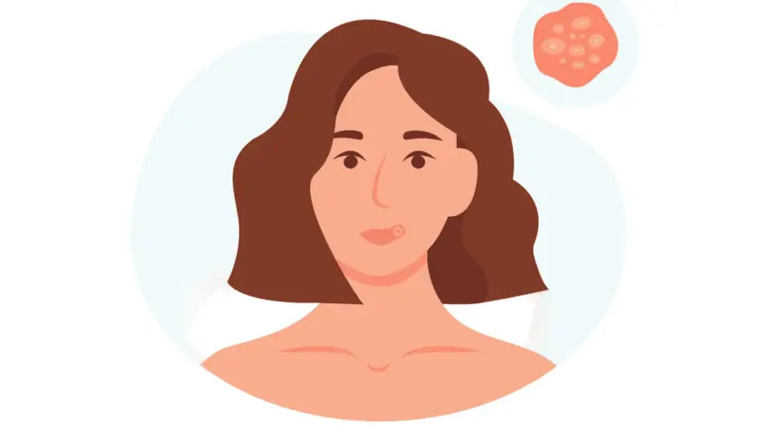 Illustration av en kvinna med en blåsa på läppen, som kan likna herpes. En närbild av blåsor visas i en cirkel.