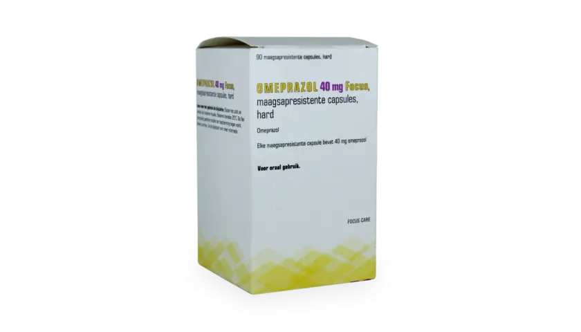En kartong med Omeprazol 40 mg Focus, magresistenta kapslar. Kan hjälpa mot illamående. För oral användning.