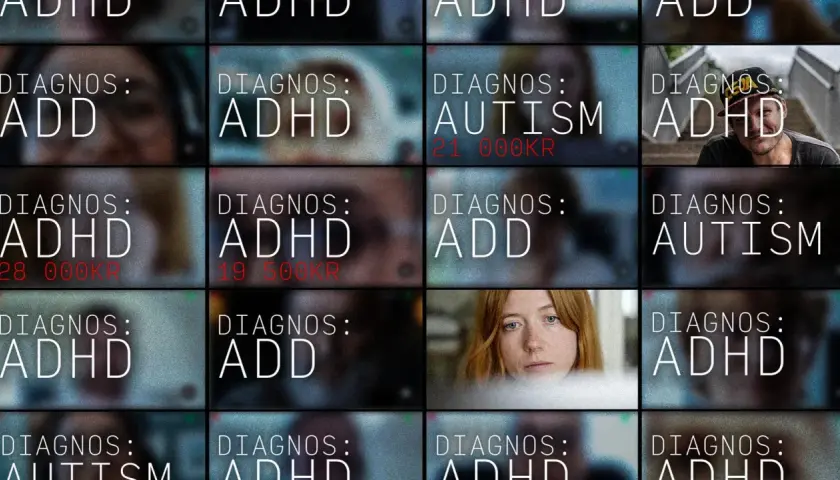 Rutnät med diagnoser som ADHD och autism. En kvinna tittar fram. En del diagnoser har priser kopplade.
