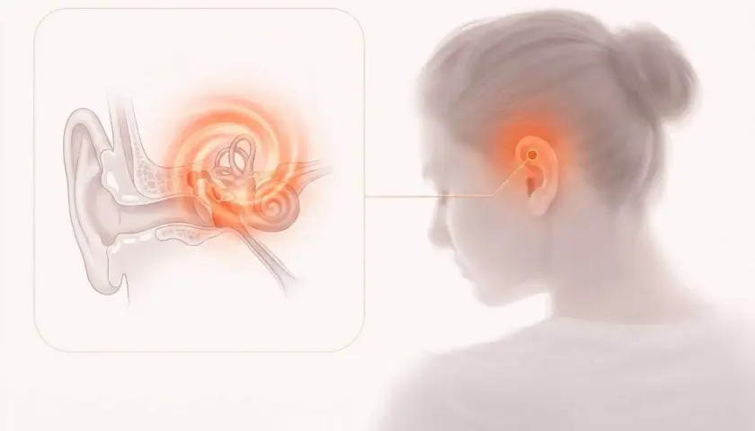 Illustration av ett öra med en detaljerad vy av innerörat som visar en röd glöd, vilket indikerar yrsel av stress.