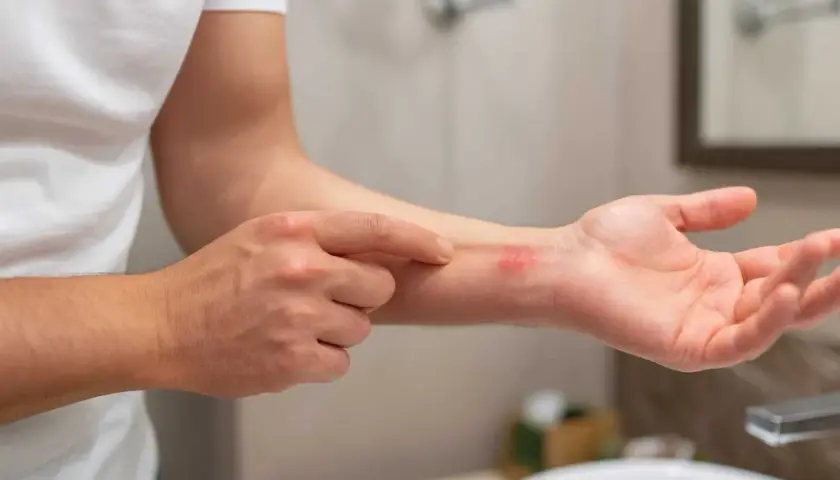 En person pekar på ett rött, irriterat område på handleden, möjligen svamp på huden.