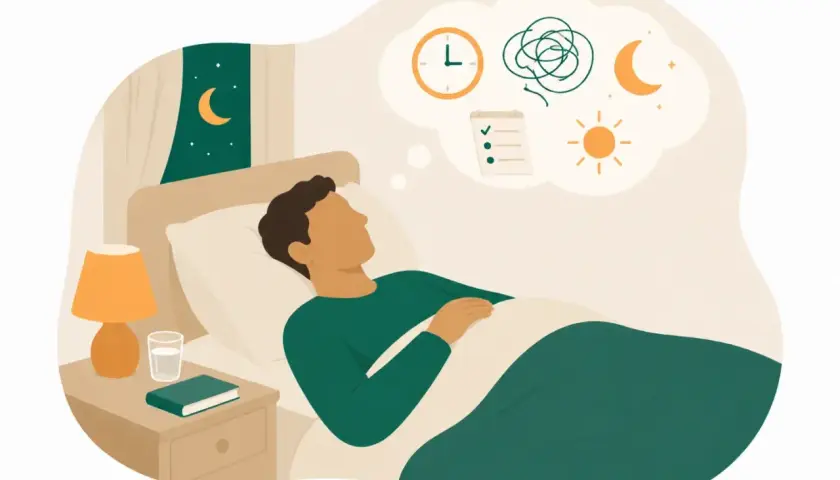En person ligger i sängen, tankar om tid, kaos och dygnsrytm syns i en tankebubbla, vilket kan illustrera **adhd symtom**.