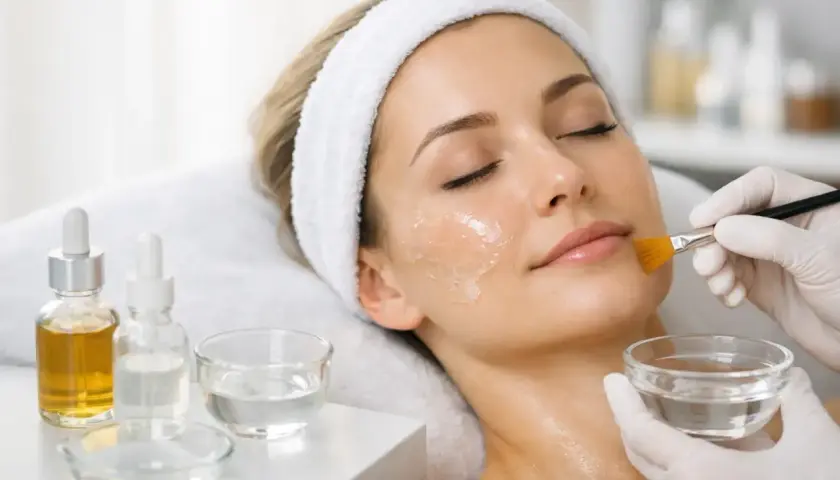 En kvinna får en ansiktsbehandling med derma peeling. En kosmetolog applicerar en gel med en pensel.