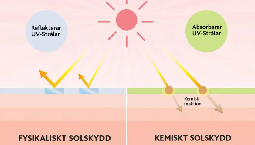 Bilden visar hur fysiskt solskydd reflekterar UV-strålar och kemiskt solskydd absorberar dem. Detta förklarar vad betyder SPF och hur det skyddar huden.