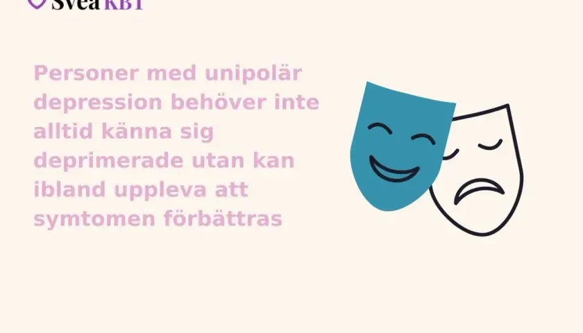 Två teatermasker, en glad och en ledsen, illustrerar att depression symtom kan variera.