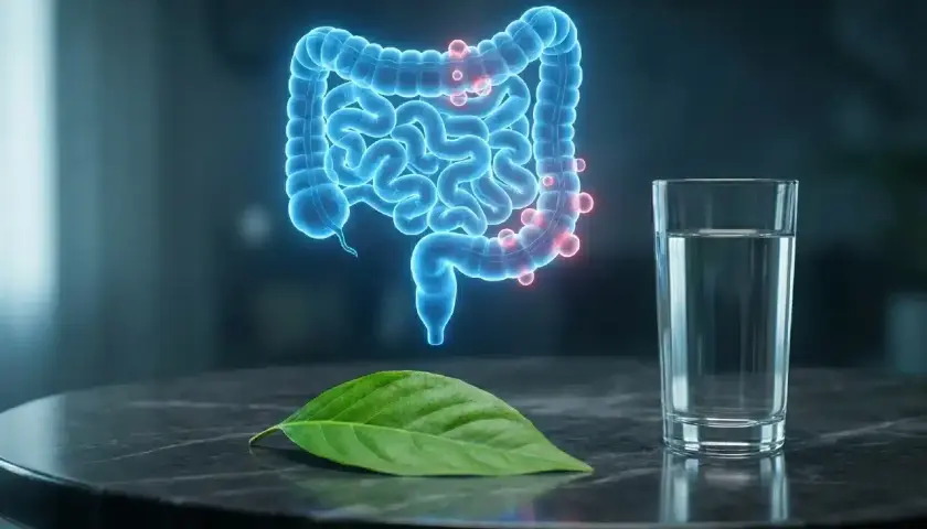 Blå neon-tarmar med röda prickar som visar inflammerade tarmfickor. Bredvid står ett glas vatten och ett grönt blad.