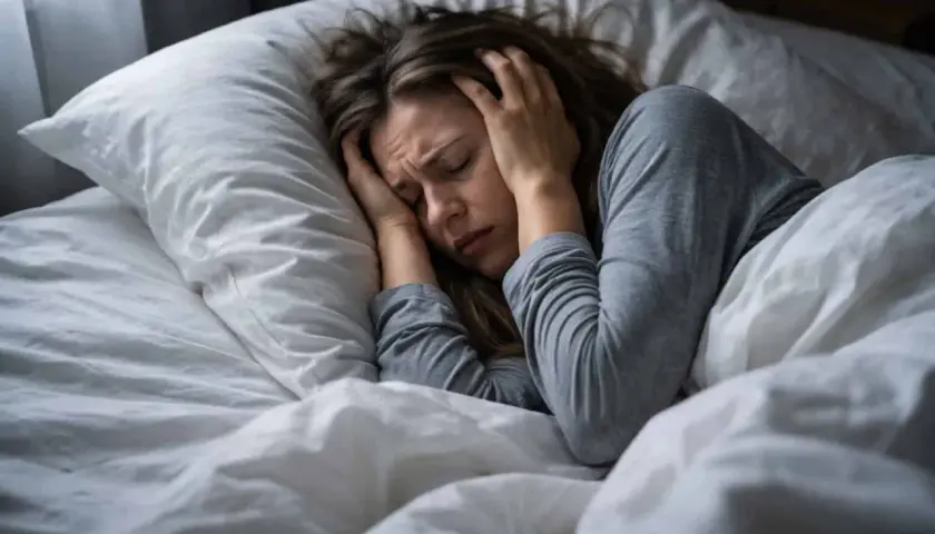En kvinna ligger i sängen med händerna mot huvudet, ser ut att ha det jobbigt. Hon tänker "jag hatar mitt liv".