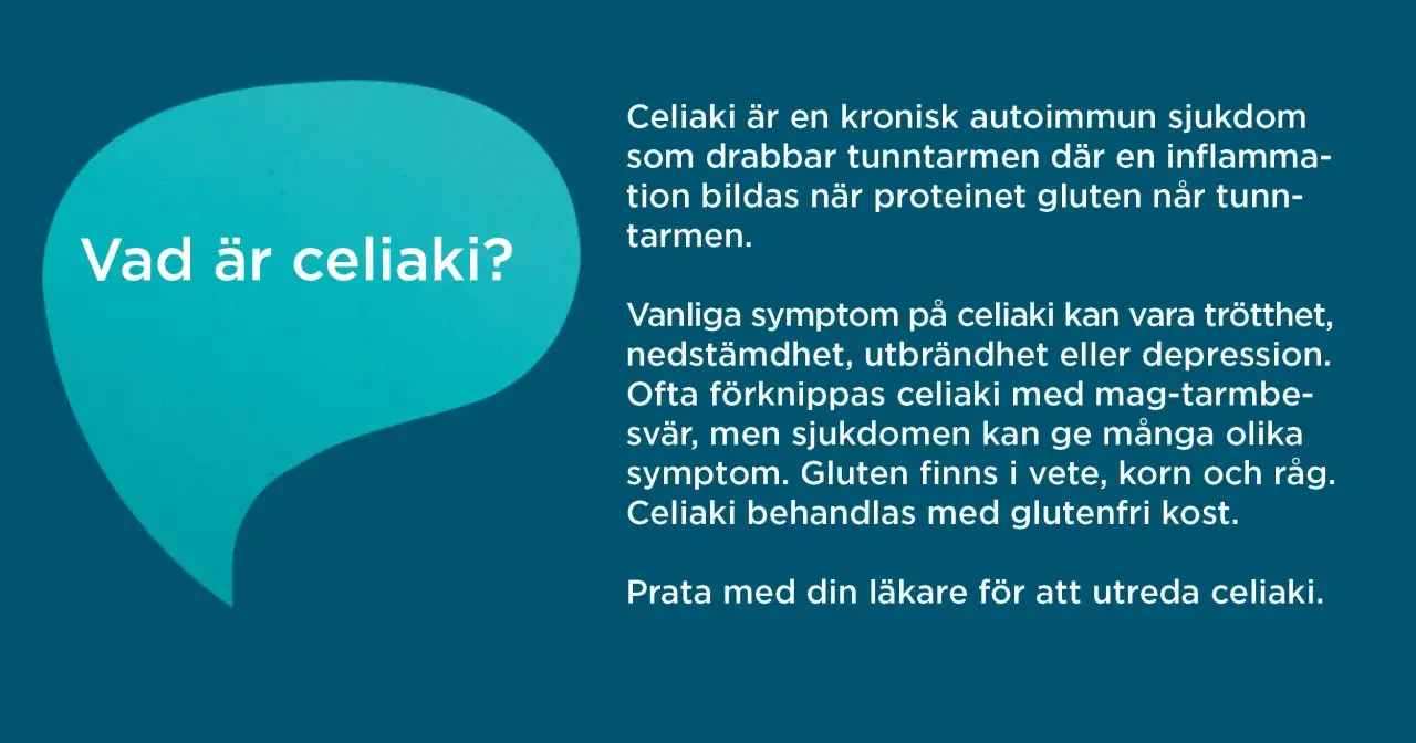 Celiaki är en autoimmun sjukdom. Vanliga celiaki symtom inkluderar trötthet och magbesvär. Gluten finns i vete, korn och råg.
