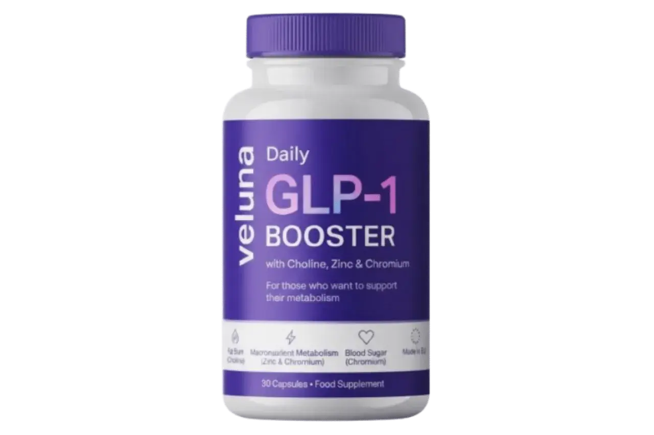 Veluna Daily GLP-1 Booster, ett receptfritt kosttillskott för metabolismstöd. Innehåller Choline, Zink & Chromium.