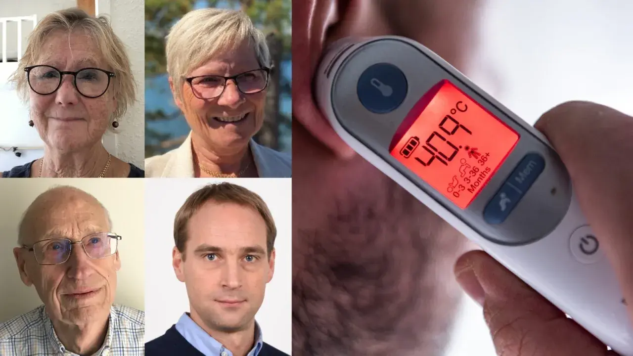 Fyra porträtt av äldre personer och en närbild på en termometer som visar 40.9°C, långt ifrån normal kroppstemperatur.