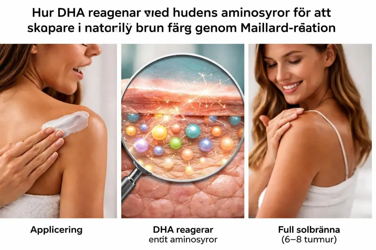 Kvinnor applicerar kräm, en närbild av hudceller med bubblor och en kvinna med solbränd hud. Visar hur man blir brun med dåligt pigment.