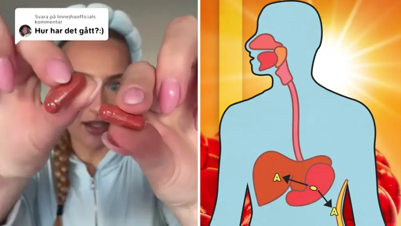 En person håller upp två kapslar, medan en illustration visar hur matsmältningssystemet kan påverkas. Varning: maxosol farligt.